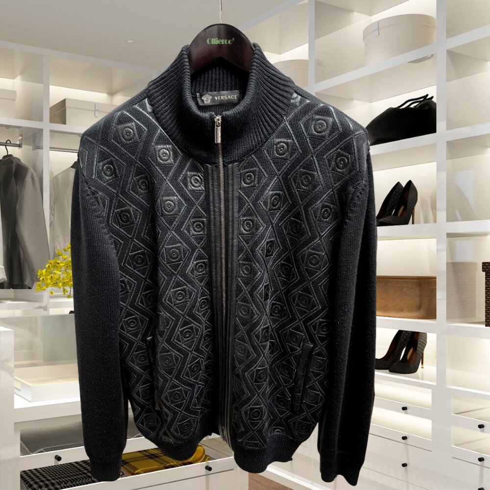 Authentic Versace Embroidered Wool and Leather Black Cardigan. IT54